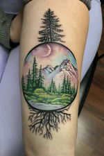 Who doesnt love some happy trees ? This tattoo was inspired by the paintings of Bob Ross himself . This was a birthday gift for a pretty awesome client , not bad for her first tattoo . #happytrees #bobross #painting #realism #color #worldfamousink #realistic #minimalist #chicago #chicagoink #mountain #forest #colorful 