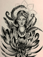 A loose representation of Mother Gia a client had me draw up but never got. So its up for grabs as a painting and is also available to be tattooed by one of the talented artists at the studio.  Feel free to email me for inquiries.