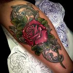 Tattoo by Clara Sinclair #ClaraSinclair #valentinesdaytattoos #valentinestattoos #valentinesday #valentines #love #rose #flower #floral #filigree #color #neotraditional