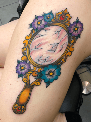 2 session piece. Lines were healed 3 weeks when we finished. #mirror #flowers #bold #bright #traditional #color 