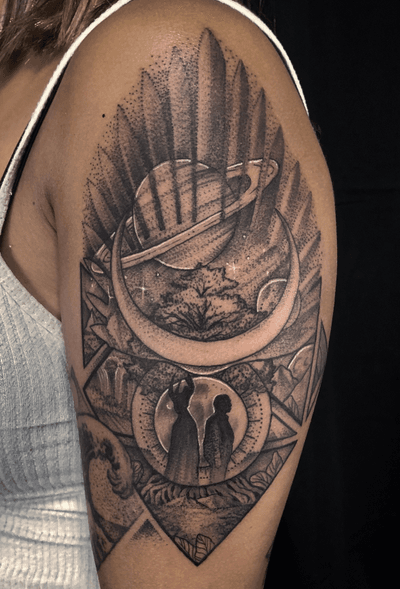 Fun piece put together for one of my younger cousins. Always a pleasure having family come in and add on to there collections. #empireofthesuntattoo #empireofthesun #peaces #bishoprotary #empireinks #blackworkers_tattoo #blackwork #bng #inked #arte #stayblessed #motivated #goodvibes #positivity #hustle #grind #inspired #instaart #igdaily #girlswithtattoos #tattoos #guyswithtattoos #ink #inked #dotwork #scenery