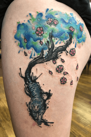 Watercolor cherry blossom tree with tiger
