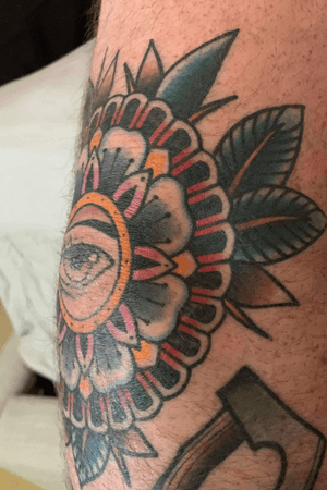Geo-Floral Eye - Kyle Plunkett @ Eternal Art Tattoo (Sunbury)  #eye #geometrical #floral #elbow #traditional #brightandbold 