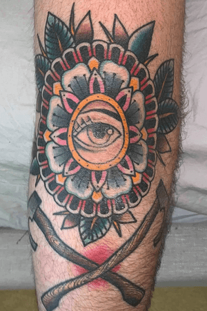 Geo-Floral Eye - Kyle Plunkett @ Eternal Art Tattoo (Sunbury)  #eye #geometrical #floral #elbow #traditional #brightandbold 