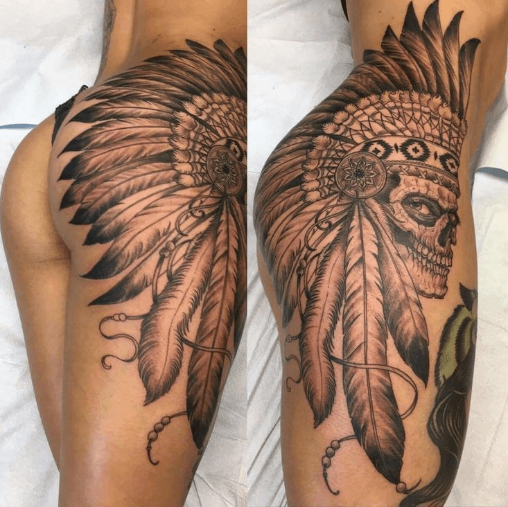 Indian Cat Ornamental Tattoo on Girls Thigh