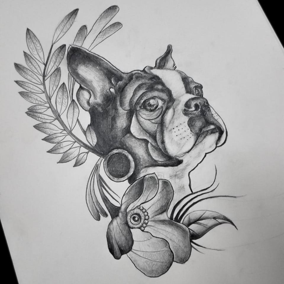 Boston Terrier Dog Head Tattoo Design By Mike Devries