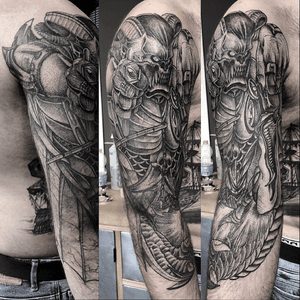 3/4 sleeve cover up, almost all healed except the head and right hand.   #blackwork #blackworktattoo #blackworkwrers #blacktattooart #blacktattoo #mattiaprovezzatattoo 
