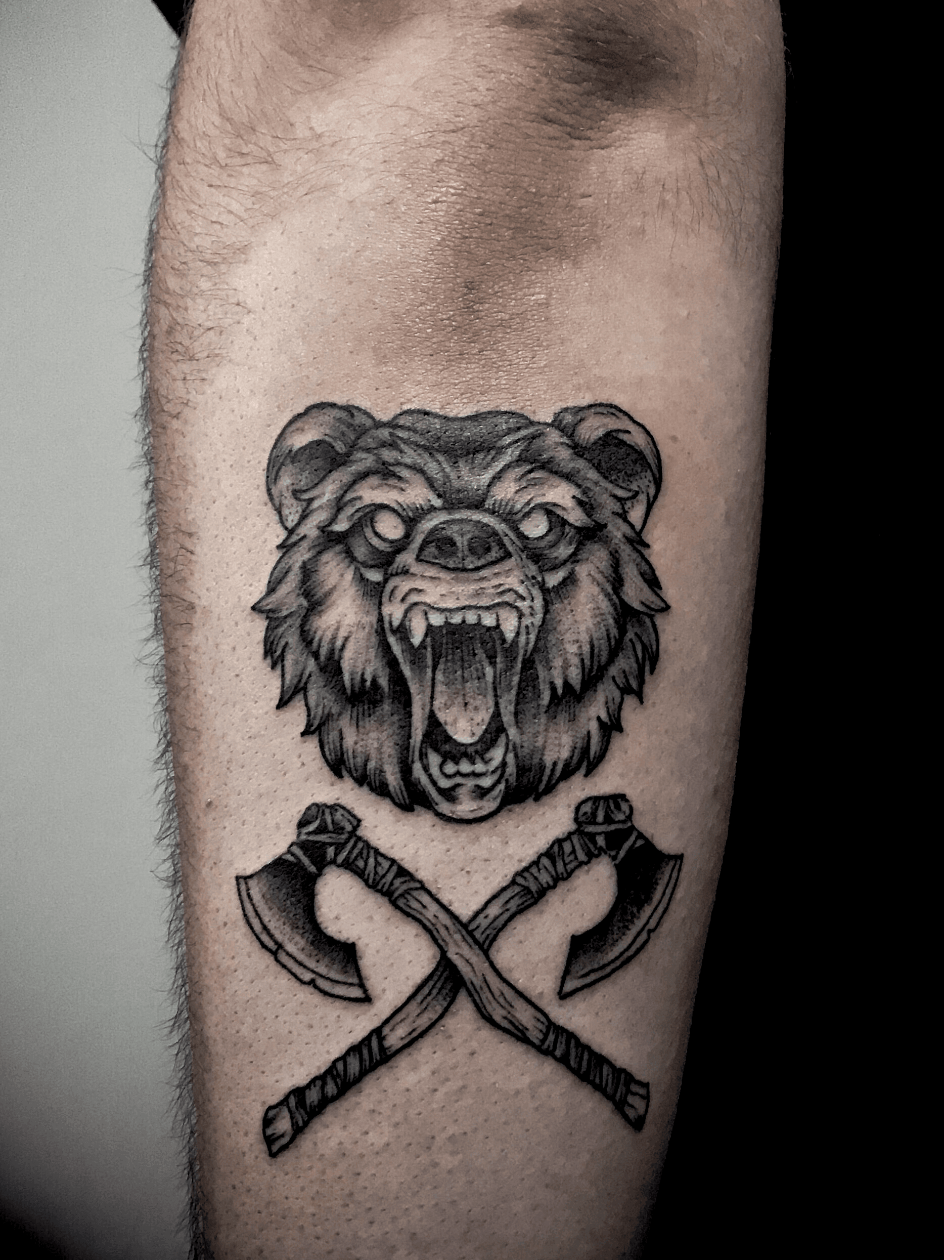 Panda bear tattoo on the right thigh