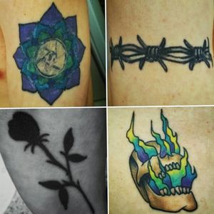My first four tattoos in order. The bottom left is the fourth one. I got it at another Friday the 13th Flash Event. It's a flaming skull and doesn't really have a deeper meaning, lol
