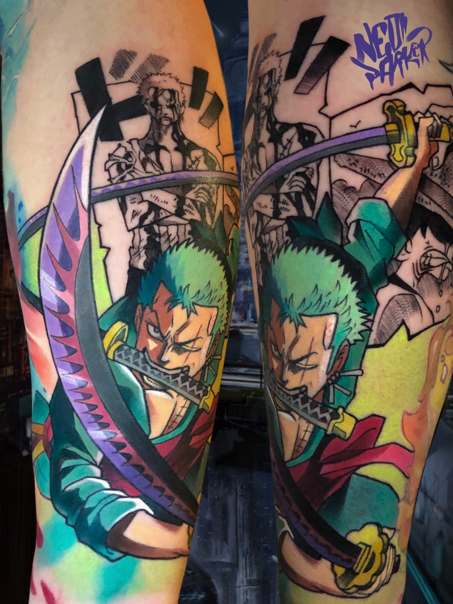 Lilly Sue Tattoo - Roronoa Zoro with his three swords from One piece!