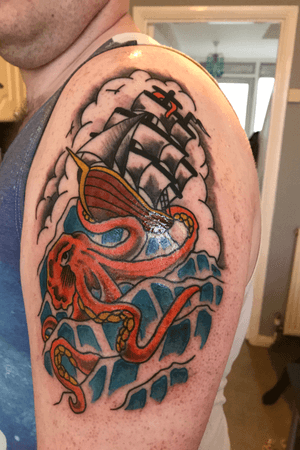 4th tattoo, kraken taking doen a ship 