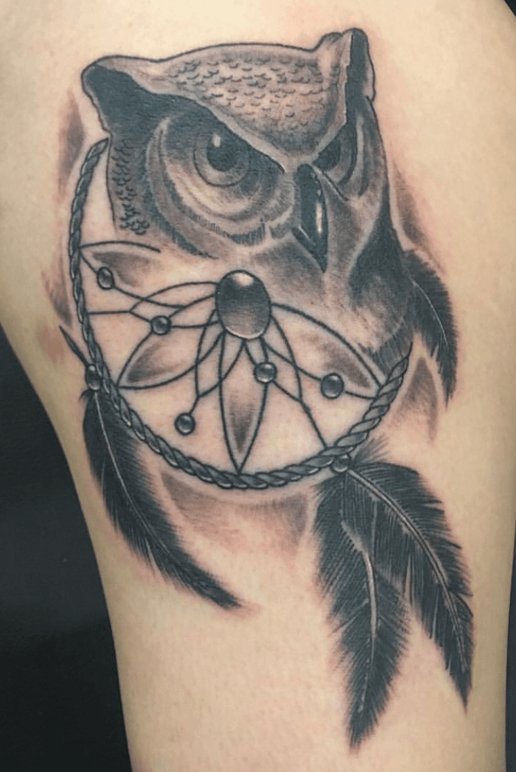 Ink Lovers Tattoo Studio   Dream Catcher Owl Tattoo  The nightloving  bird is often associated with wisdom and knowledge it is also the guardian  of the deceased On the other