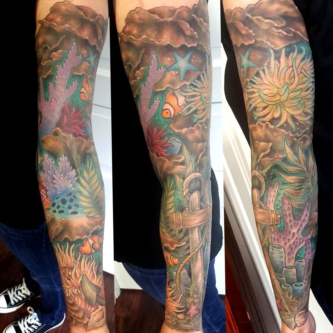 My coral reef sleeve in progress by Sonya at Lighttouch Tattoo in Big  Rapids Michigan  rtattoos