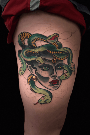 Medusa Head Thigh Tattoo
