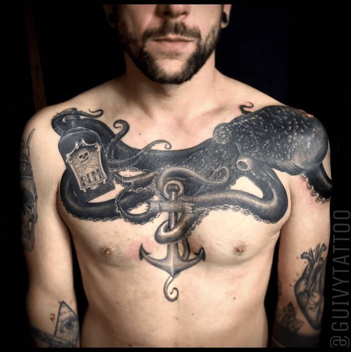 Octopus chest and sleeve tattoo  Octopus tattoos Chest tattoo men Kraken  tattoo