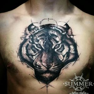 █ Tiger is angry today 😼 █▪BlacknWhite Black and white Black&White geometry sketch line work whip shading tiger tattoo