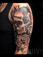 Guivy Hellcat - Art For Sinners - Geneva #guivy #tattoo #geneve #geneva #switzerland #tatouage #suisse #tatoueur #clock #portrait #skull #tattoosleeve #sleevetattoo #sleeve #tattoos #watch #swissmade #roses #realism #blackandgrey 