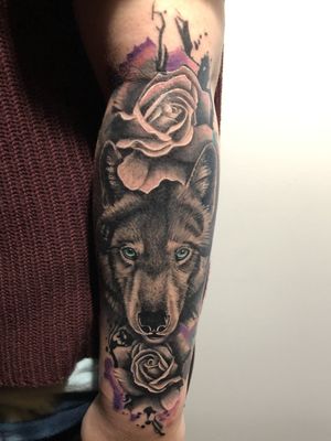 Wolf with roses.#wolf #lobo #realismtattoo  #realismo #rosestattoo #rosas #acuarella 