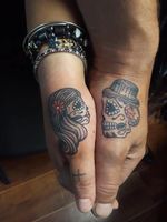 Unknown tattooist - couple tattoos on Niki Dionneand her husband #couplestattoos #valentinesday #love #couple #heart #matchingtattoos