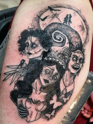 Tim Burton's inspired tattoo 🕸⚘ #tattoo #tattooedgirl #tattooartist #tattoodesign #TimBurton #edwardscissorhands #beetlejuice #nightmarebeforechristmas #corpesbride #ink #TattooStudioOcho #Aradisa 