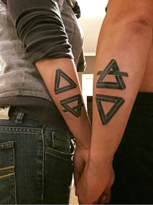 Unknown tattooist - matching couple tattoos on Kelly Vermoortele and Alexandre Lopes #couplestattoos #valentinesday #love #couple #heart #matchingtattoos