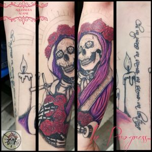 A purple Santa Muerte to release the bad waves...#tattoo #tatuaje #tatouage #santamuertetattoo #tatuajesantamuerte #tatouagesantamuerte #santamuerte #santamuertevioleta #tattoodo #traditionalmexicantattoo #tatuajetradicionalmexicano
