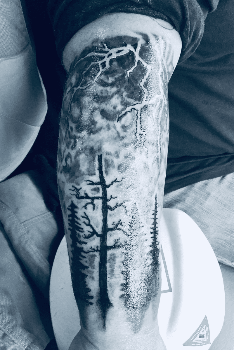 Tattoo uploaded by Dan Harmon • #TattoosByDan #storm #lightning #clouds  #blackandgrey #pinetree #trees #sillhouette #thunderstorm #beginner •  Tattoodo