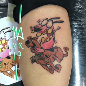 Scooby Doo & Courage The Cowdly Dog mashup for a lovely client, changed scoobs collar to a P for the owners dog. Love doing cartoon and animation tattoos. #solidink #meekBtattoos #sandiego #california #trad #traditional #traditionaltattoo #color #BoldTattoos #life ##hivecaps #fkirons #neotraditional #neotraditionaltattoo #scoobydoo #couragethecowardlydog #cartoon #cartoonnetwork #toontats #mashup #cartoontattoo #dog #dogtattoo #popculture #tvshow #zoonks
