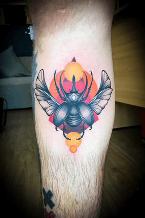 #neotraditional #scarab #beetle tattoo on the side of the calf #colourtattoo 