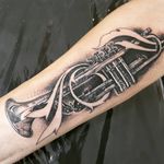 Trumpet tattoo. #musiciantattoo #trumpet #blackandgreytattoo 