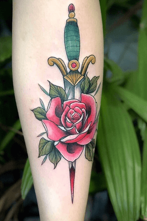 Rose and dagger shin piece neo traditional style made by Leisa Ward
