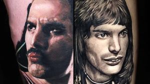 Tattoo on the left by Jimmy Johnsson and tattoo on the right by Lloyd Nakao #LloydNakao #JimmyJohnsson #queentattoos #queen #freddymercurytattoo #freddymercury #bohemianrhapsody #rockandroll #musictattoo