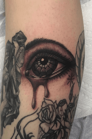 Drawn on black and grey eye ball filler tattoo