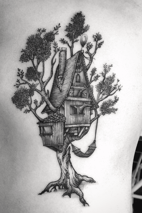 • Tree house • #tattoo #treehouse #linework #blackwork 