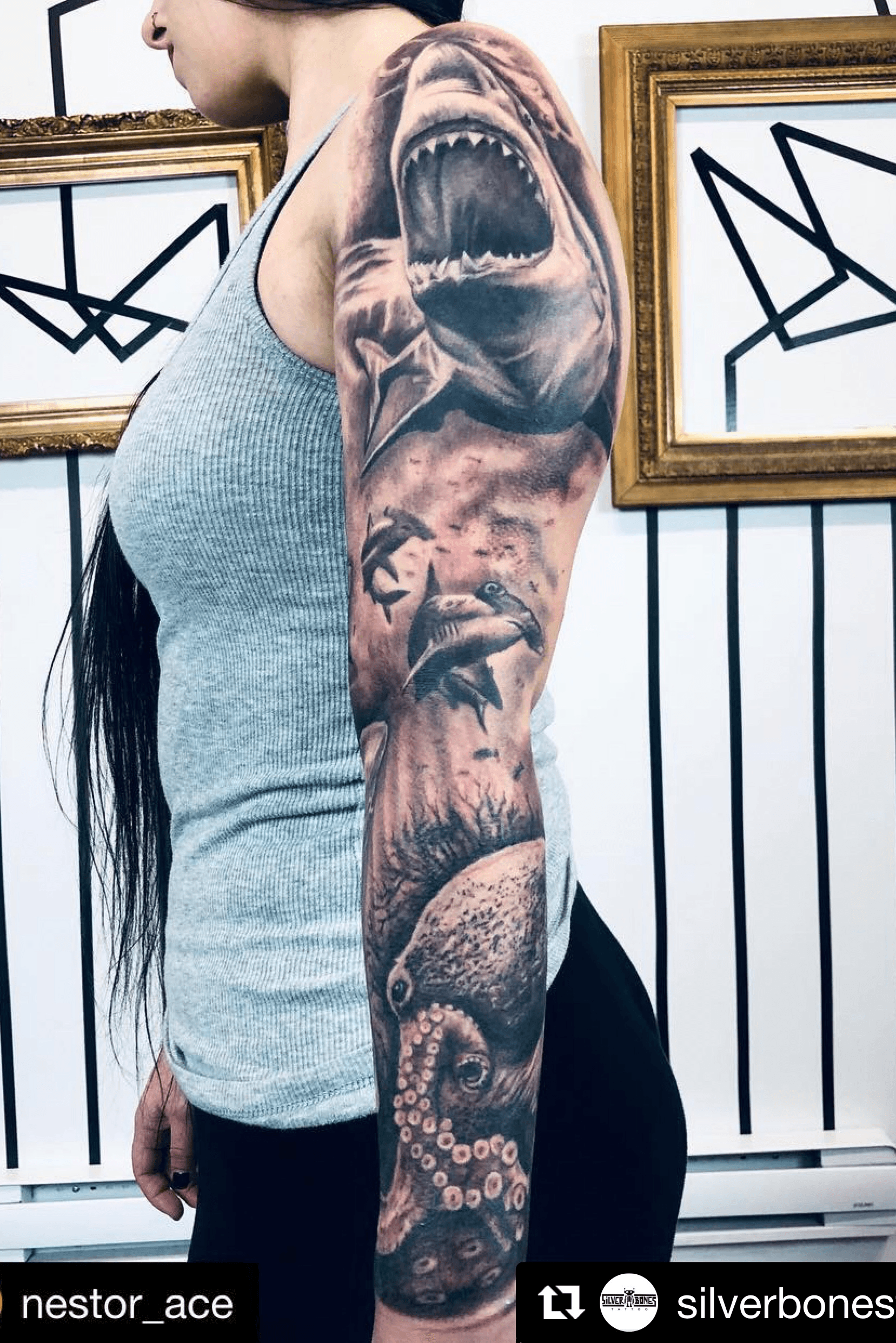 Tattoo uploaded by Alo Loco Tattoo  Surf  Dive Full Sleeve finished  Black and grey realistic full sleeve tattoo of sea life deep diver shark  hammer fish nemo fish and jelly
