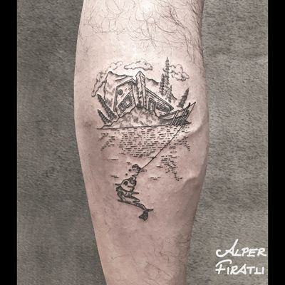 Gone fishing... . #lake #fishing #lakehouse #mountain #fisheye #fisheyetattoo #naturetattoo #linework #tattoo #tattooartist #minimaltattoo #blacktattoo #tattooidea #art #tattooart #tattoooftheday #tattoostagram #ink #inked #minimal #customtattoo #customdesign #tattooist