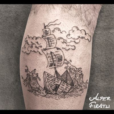 Set sails for new lands to discover... .🌊⛵️ ... #paperboat #sailing #storm #stormyseas #ocean #origami #linework #tattoo #tattooartist #blacktattoo #tattooidea #art #tattooart #tattoooftheday #tattoostagram #ink #inked #customtattoo #customdesign #tattooist #engraving #crosshatching