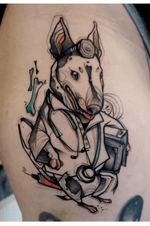 One of my favourites from 2018! Thank you Line for getting this little bullterrier who wants to be a vet. Take care!:) 💕 . . #bullterrier #characterdesign #illustrative #tattoodo #comic #dailytattoo #sketchytattoo #legtattoo #comictattoo