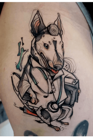 One of my favourites from 2018! Thank you Line for getting this little bullterrier who wants to be a vet. Take care!:) 💕..#bullterrier #characterdesign #illustrative #tattoodo  #comic #dailytattoo #sketchytattoo #legtattoo #comictattoo