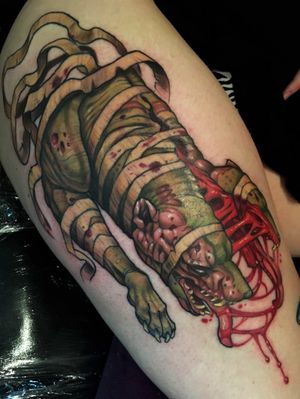 Double Head from Silent Hill on                     ig: @ talktomecute                                                 Thanks Cody.                                         #silenthill #gamerink #videogame #videogametattoos #color #zombie #gore #dark #doublehead #cerberus #neotraditional #illustrative #Wisconsin #milwaukee #tattooartist #chicago #MKE #fanart #fantasy #Tattoodo #horror #tattooart #thightattoo #silent #hill #macabre 