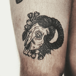 Ram skull on the upper thigh- healed photo 3 years on! 