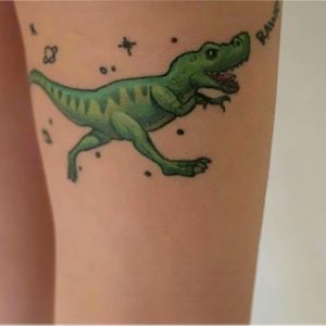 This is my second tattoo, its a dinasour and a pretty cute one too ❤ #colortattoo #dinasourtattoo #space #planets 