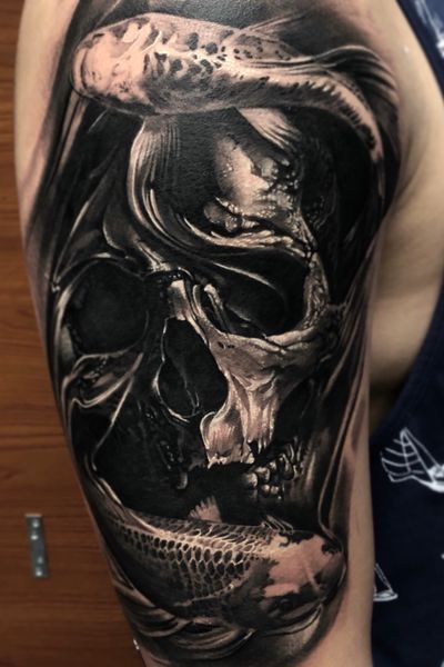 skull #skull #skulltattoo #skulls #blackandgreytattoo #blackandgrey #fusionink #koifish #koifish ##koi #halfsleeve #sandiego #CaliforniaTattoos #california 