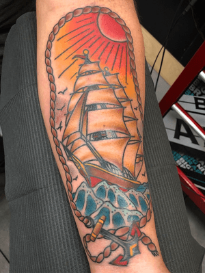 Second and final session. Black 3 weeks healed. #traditional #clippership #nautical #sailor #sunset #color 