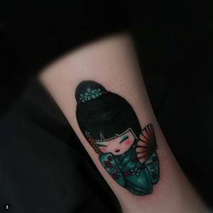 Japanese doll, color tattoo, cute tattoo.