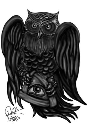 Black And Grey Owl #owltattoos #Black #blackandgrey #triangletattoo #eyetattoo #blackandgreytattoo #blackartwork 