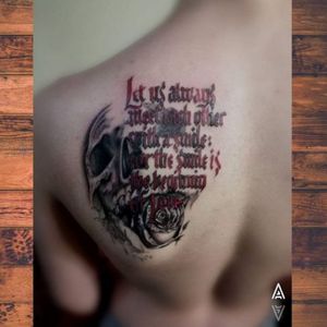 Skull tattoo, lettering, realistic tattoo, rose tattoo.