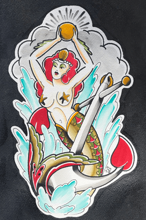Traditional water color mermaid and anchor