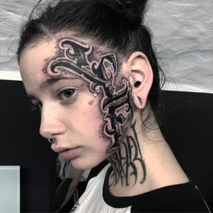 Tattoo by Matteo Rocco #MatteoRocco #facial tattoos #facial tattoo #head tattoo #head tattoo #jobstoppers # letters #black gray #gothic