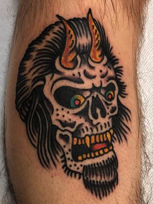 Tattoo by Dan Tooker #DanTooker #tattoodo #tattoodoapp #tattoodoappartists #besttattoos #awesometattoos #tattoosforgirls #tattoosformen #cooltattoos #color #skull death #demon #hannya #satan #traditional